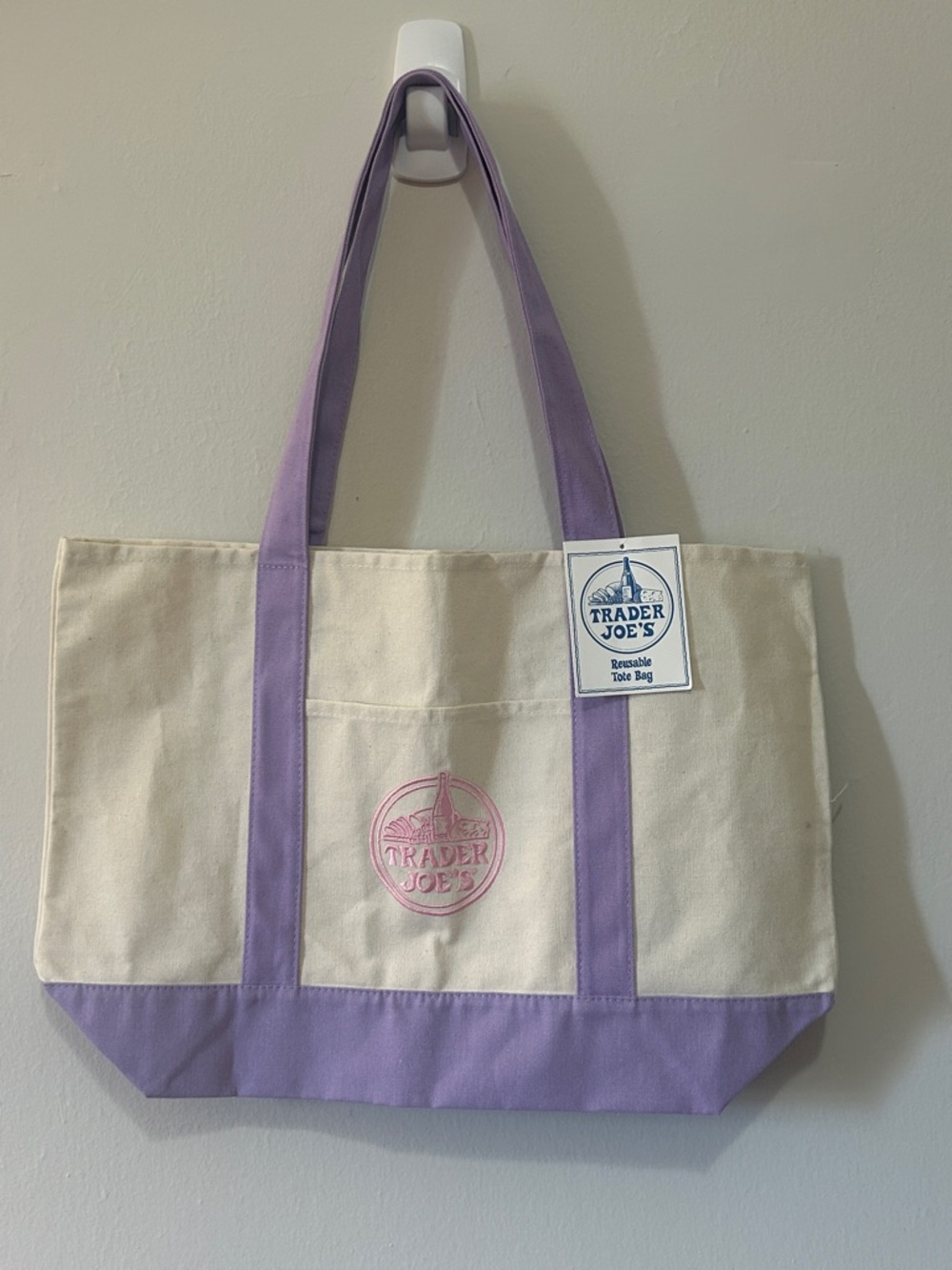 Trader Joe's Cream and Lavender Canvas Tote Bag NWT